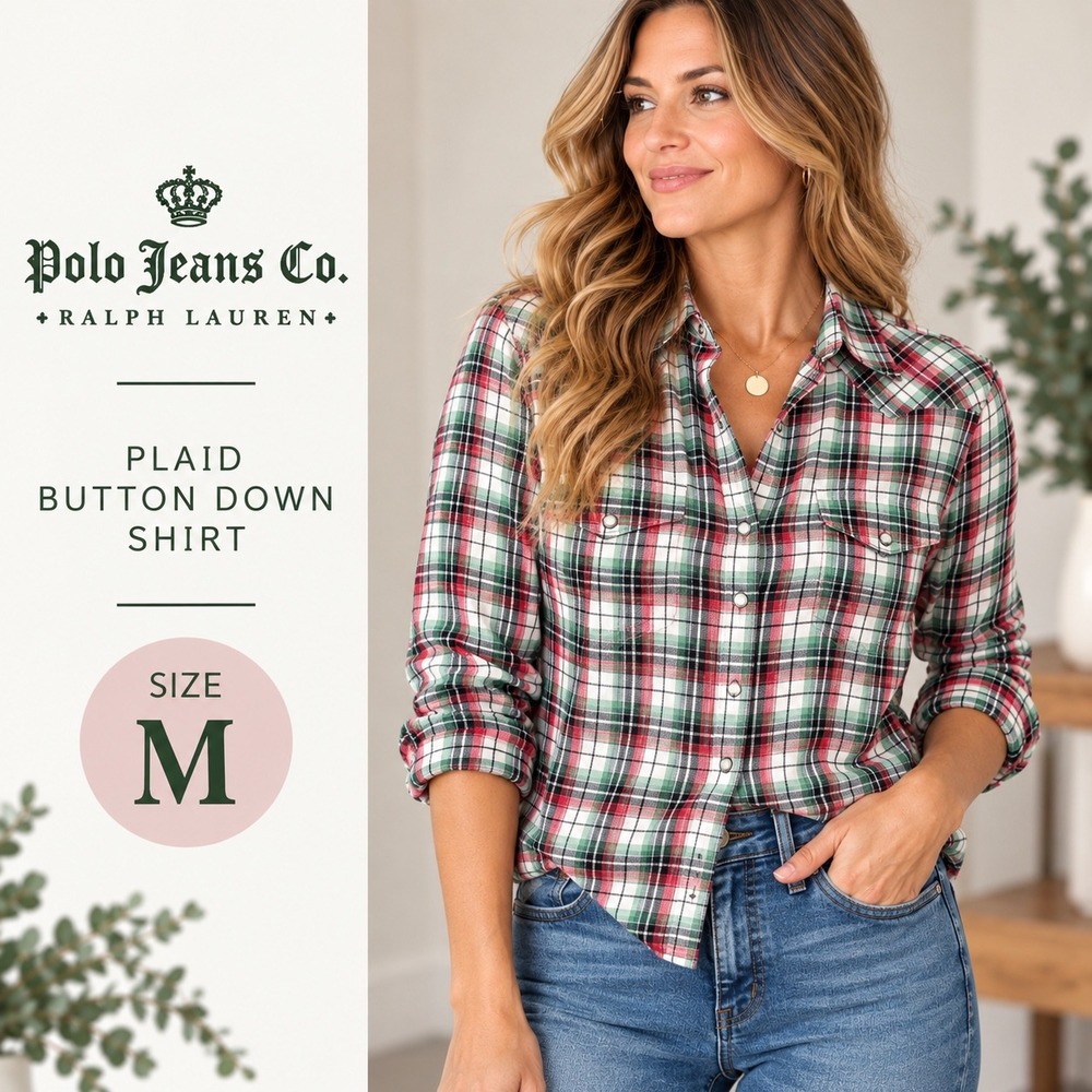 Polo Jeans Co Plaid Western Shirt Womens Medium Red Green Snap Button Americana